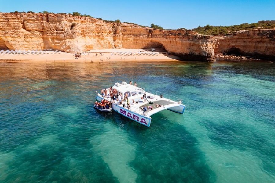 From Albufeira : Catamaran Tour with Barbecue and Open Bar on the Beach